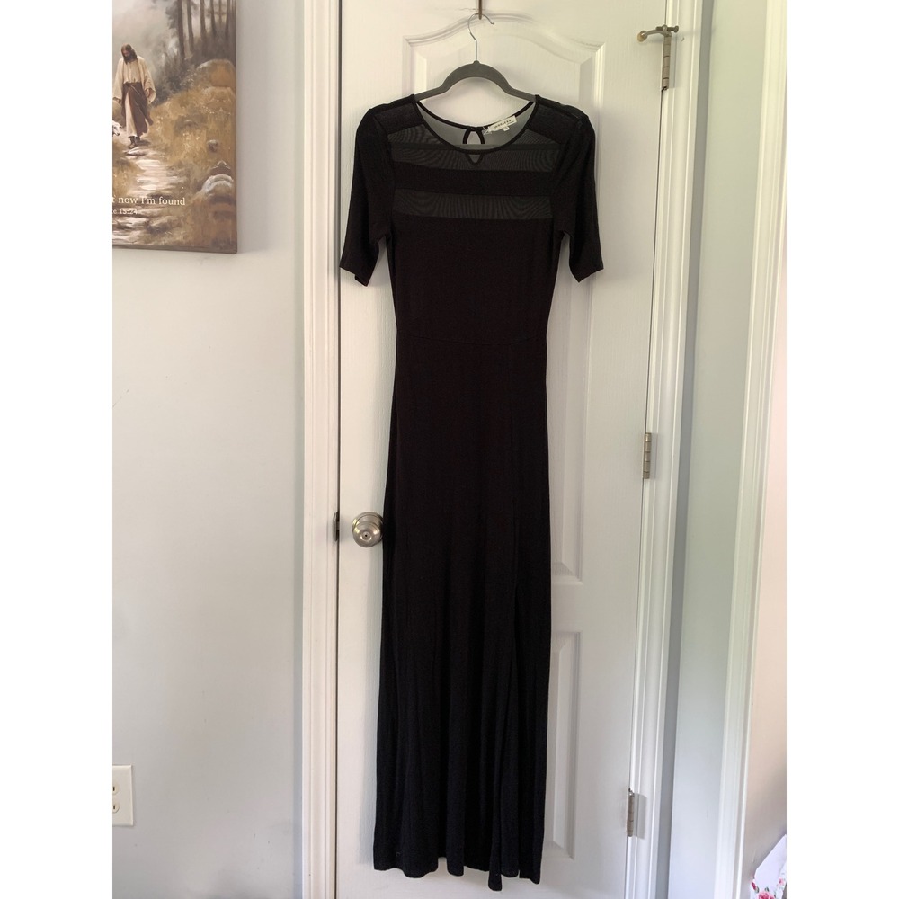 Monteau Los Angeles Womens Black Mesh Panel Maxi Dress Short Sleeve Side Slit M